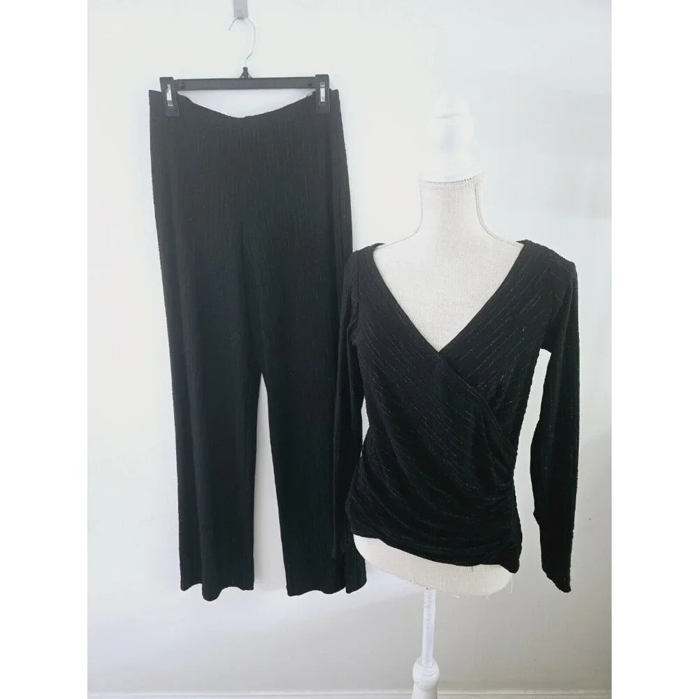 Tadashi Shoji Beaded Black Formal 2 Piece Pc Wide Leg Pants Slacks Blouse M S